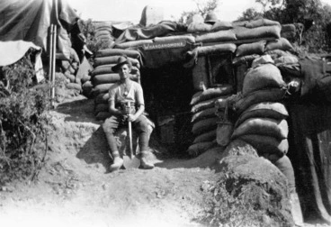 Image: An unidentified New Zealand soldier outside his dug-out