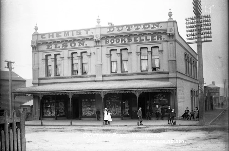 Image: Business premises of Elson chemist and Dutton bookshop, Courtenay Place, Wellington