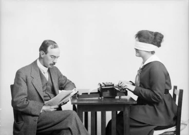 Image: A dictation session using a shorthand typewriter