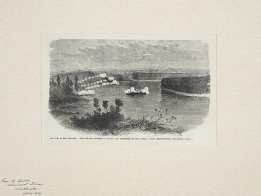 Image: Illustrated London News :The war in New Zealand ;the gun-boat Pioneer at anchor off Meremere, on the Waikato river, reconnoitring the native position / E [A] W[illiams del. London, Illustrated London News, 1864]