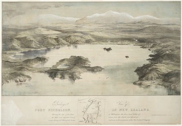 Image: [Heaphy, Charles] 1820-1881 :Birdseye view of Port Nicholson, in New Zealand, shewing the site of the town of Wellington, the river and valley of the Hutt and adjacent country, taken from the charts and drawings made during Col[one]l Wakefield's survey, [1839] and now in the possession of the New Zealand Company. Drawn, lithographed by T. Allom [from a drawing by Charles Heaphy]. Printed by Hullmandel & Walton. London, Published by Trelawney Saunders, [1843?]