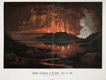 Image: Blomfield, Charles 1848-1926. :Mount Tarawera in eruption, June 10, 1886. (From the native village of Waitangi, Lake Tarawera, N.Z.) W. Potts, lith. C Blomfield, del. Wanganui, A D Willis [ca 188-?]