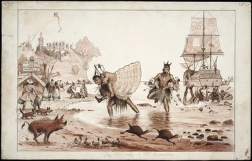 Image: Lloyd, Trevor, 1863-1937 :[Caricatures of historical scenes]. The landing of the pioneers [Between 1900 and 1910]