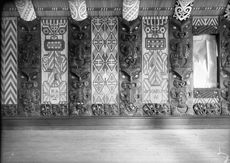 Image: Tukutuku and carved wooden panels, inside Porourangi meeting house at Waiomatatini