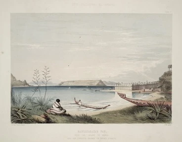 Image: Angas, George French 1822-1886 :Rangihaeata's pah with the island of Mana and the opposite shores of Cook's Straits / George French Angas [delt]; J. W. Giles [lith]. Plate 57, 1847.