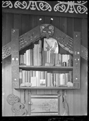 Image: Albert Percy Godber's bookcase with a Maori carving surround