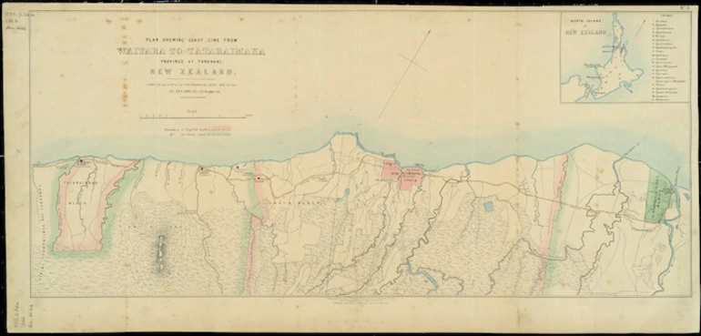 Image: Plan shewing coast line from Waitara to Tataraimaka, Province of Taranaki, New Zealand / compiled and lithd. at the Topographical Depot, War Office ; Col. Sir H. James, R.E., F.R.S. &c., director.