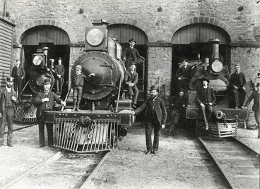 Image: Steam locomotives and railway workers outside a Christchurch engine shed - Photographer unidentified