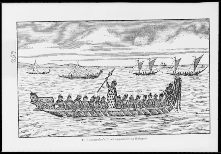 Image: [Gibb, William Menzies] 1859-1931 :Te Rauparaha's fleet approaching Kaiapoi. [1829. Drawn in 1892 and redrawn in 1940]