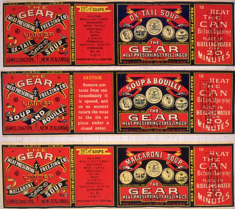 Image: Gear Meat Company :[Three labels for Ox-tail soup; Soup and bouilli; and, Maccaroni soup]. Gear Meat Preserving & Freezing Company of New Zealand, Wellington New Zealand. [1890-1920].