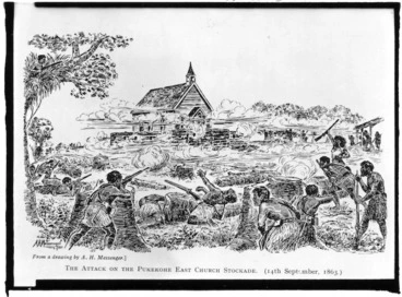 Image: [Messenger, Arthur Herbert], 1877-1962 :The attack on the Pukekohe East Church stockade, 14 September, 1863. From a drawing by A H Messenger. [1921]