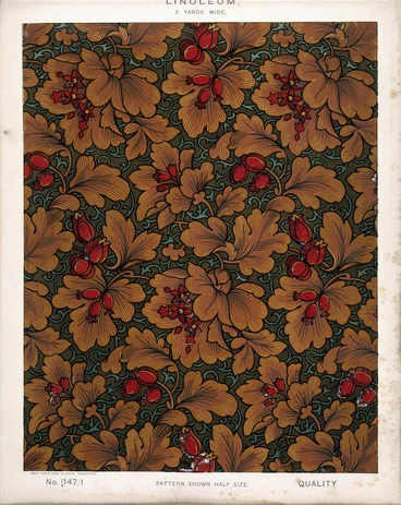 Image: George Harrison & Co (Bradford) :Linoleum, 2 yards wide. [Victorian floral and leaf pattern, influenced by William Morris design]. No. 147/1. Pattern shown half size. [1880s?]