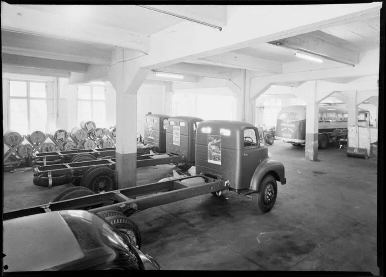 Image: Trucks on display in basement, Leyland Motors