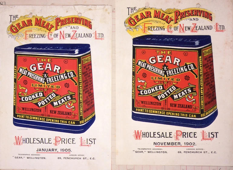 Image: Gear Meat Preserving and Freezing Company Ltd :Wholesale price list, January 1905; [and] Wholesale price list, November 1902. [Covers].