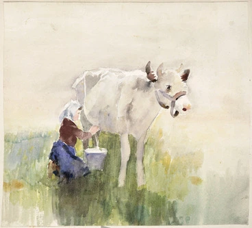 Image: [Hodgkins, Frances Mary] 1869-1947 :[Woman milking a cow. ca 1890]