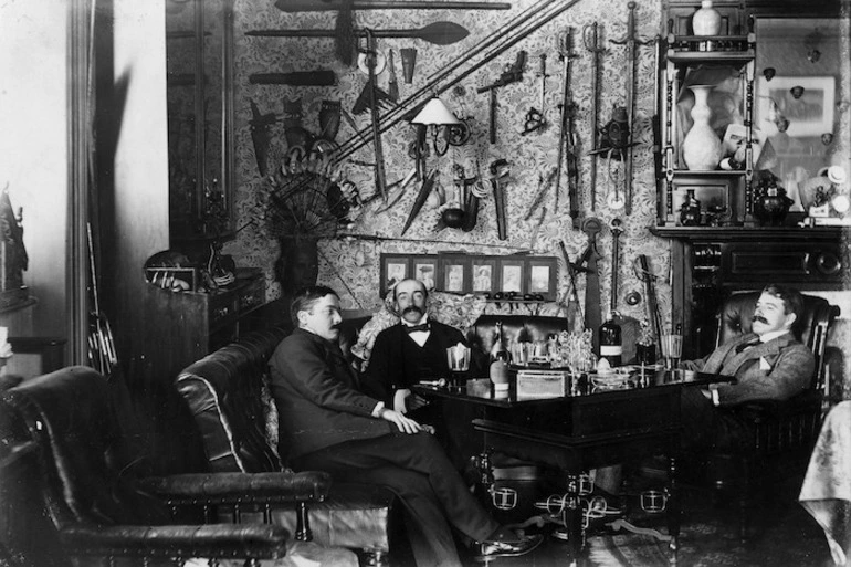 Image: Robert Thorburn Turnbull, E F Hadfield and Alexander Horsburgh Turnbull, at the Turnbull home fronting on to The Terrace and Bowen Street, Wellington