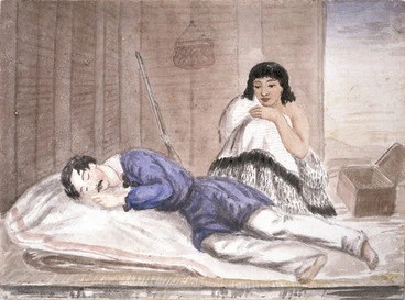 Image: D. S. fl 1840s-1850s :[Soldier asleep in a whare, being watched over by a Maori woman. Between 1845 and 1858]