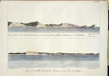 Image: Parkinson, Sydney, 1745-1771 :A view of the North side of the entrance into Poverty Bay & Morai Island in New Zealand. 1. Young Nick's Head. 2. Morai Island. View of another side of the entrance into the said bay. S. Parkinson del. R. B. Godfrey sc. Plate XIV. [London, 1784]