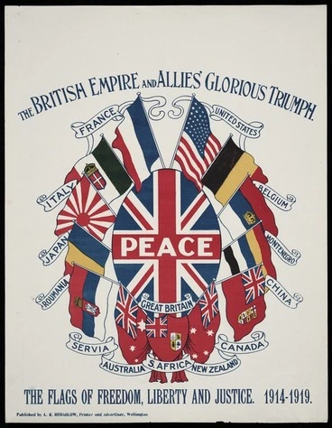 Image: The British Empire and Allies' glorious triumph; the flags of freedom, liberty and justice, 1914-1919. [1919].