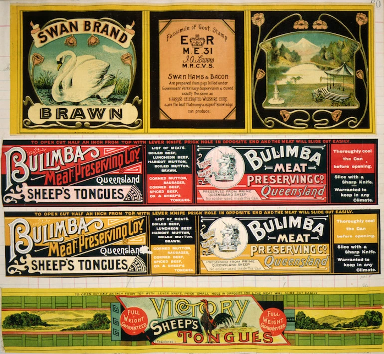 Image: [Four canned meat labels :Swan Hams & Bacon. Swan brand brawn; Bulimba Meat Preserving Co, Queensland. Sheep's tongues (two different); and; Victory sheep tongues. 1900-1920?].