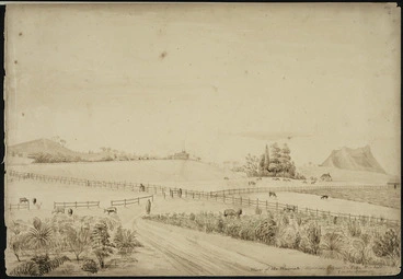 Image: [Williams, John] d 1905 :View of the Waimati (missionary station) and Poka Mie Hill in the distance