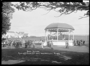 Image: People listening to the band playing in the band rotunda, Auckland Exhibition, Auckland Domain