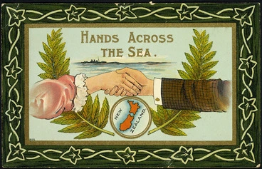 Image: [Postcard]. Hands across the sea. New Zealand. 895. Postcard "National" series, made in Gt Britain. [ca 1910].