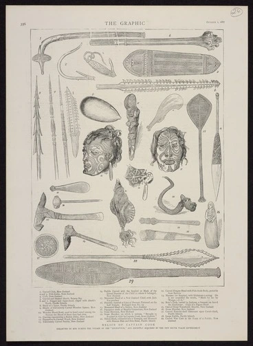 Image: Artist unknown :Relics of Captain Cook, collected by him during the voyage of the "Endeavour" and recently acquired by the New South Wales Government. The Graphic, October 1, 1887, [page] 356