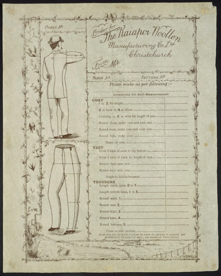 Image: Kaiapoi Woollen Manufacturing Company Ltd :Order for Kaiapoi Woollen Manufacturing Co Ltd, Christchurch, from Mr .... ... Please make as per following - Directions for self-measuring [Blank order form with space for filling in measurements]. Whitcombe & Tombs, Lim[ite]d. lith. [ca 1886].