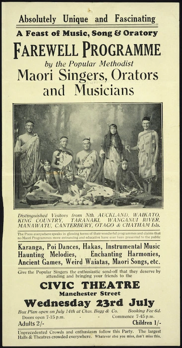 Image: Civic Theatre (Christchurch) :Absolutely unique and fascinating. A feast of music, song & oratory. Farewell programme by the popular Methodist Maori Singers, Orators and Musicians. 23 July [1930].