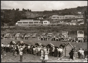 Image: Horse race at the picnic race meeting held by the Hokianga Racing Club, at Memorial Park, Rawene, Northland region