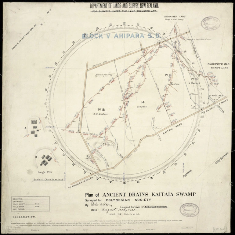 Image: Wilson, D.M., fl 1921 :Plan of ancient drains Kaitaia swamp [ms map]. Surveyed for Polynesian Society by D.M. Wilson, Licensed Surveyor, August 18th, 1921.