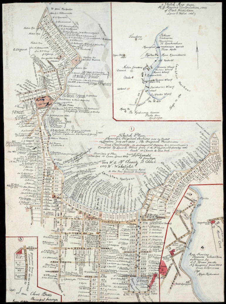 Image: Ward, Louis Ernest, 1866-1938: Sketch plan. Showing the Original Sections sold by Ballot in London July 29th 1839; The Original Purchasers and Claimants, or subsequent Owners (in parenthesis) Compiled by Louis E. Ward from T H Fitzgerald's Survey. 1840