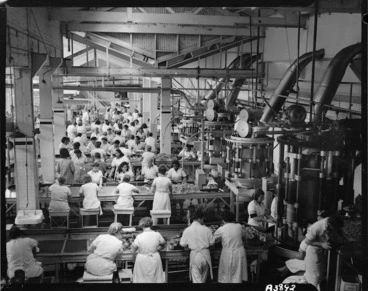 Image: Interior of cannery at Westfield Freezing Works, Otahuhu, Auckland - Photograph taken by W Walker