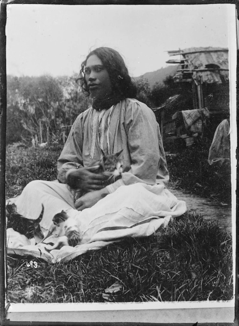 Image: Maori woman with cat and kittens