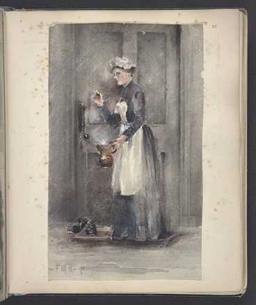 Image: Hodgkins, Frances Mary, 1869-1947 :[Maid with hot water jug knocking on bedroom door. 18]91.