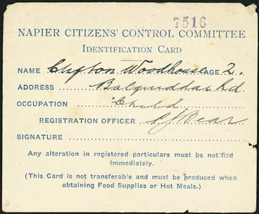 Image: Napier Citizens' Control Committee :Identification card [no]. 7516. [1931]