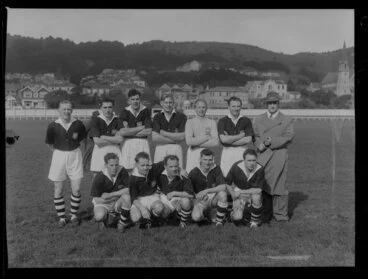 Image: Christchurch Western Suburbs soccer team, winners of the Chatham Cup trophy, at the Basin Reserve, Wellington