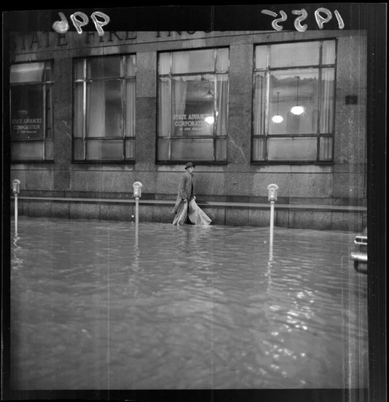 Image: Flooding in Lambton Quay outside the State Fire Insurance building, Wellington