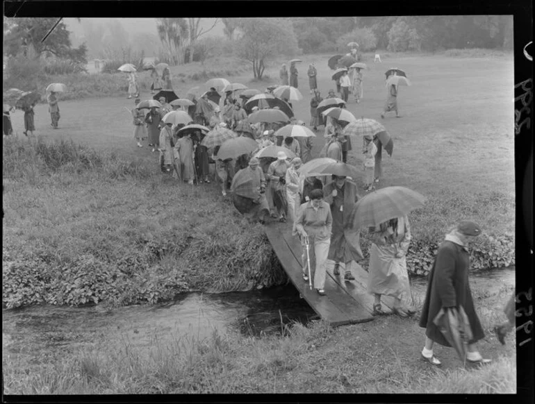 Image: Participants in Ladies Golf Tournament at Heretaunga, New Zealand v Great Britain, in a rainstorm