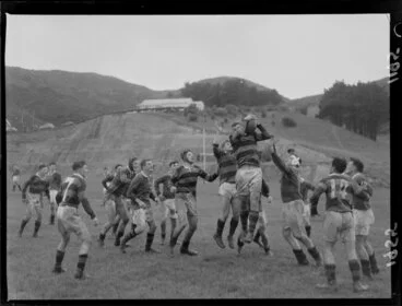 Image: Poneke versus Athletic rugby teams at Martin Luckie Park, Berhampore, Wellington