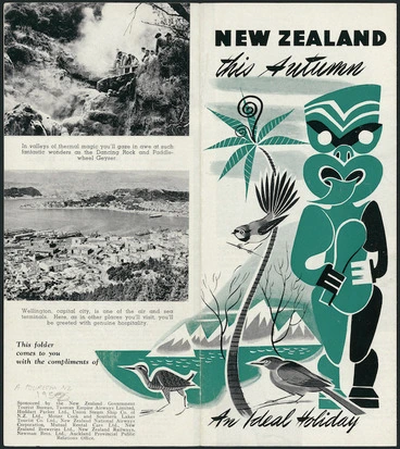 Image: [Haythorn-Thwaite Ltd] :New Zealand this autumn; an ideal holiday. [Front cover design. 1952]