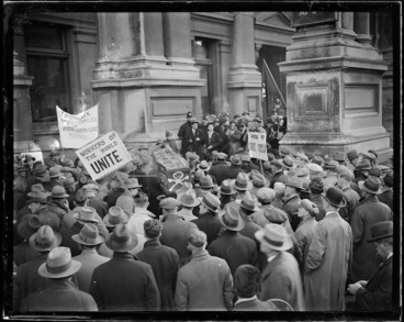 Image: Unemployed workers protest, Wellington Town Hall