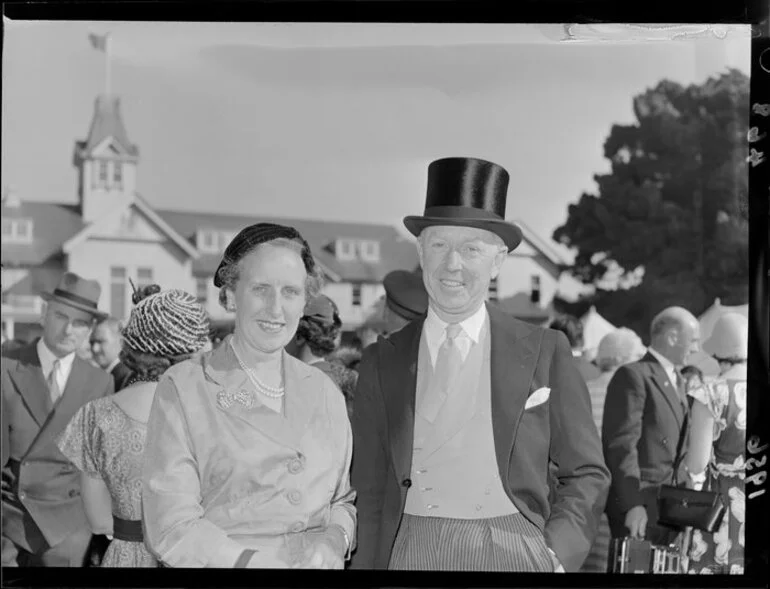 Image: Unidentified, finely dressed, and elderly guests at a garden party on the front lawn of Government House, Wellington, including top hat, headpiece, and jewellery