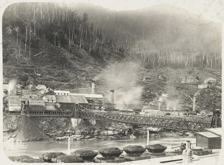 Image: View of the coalmining town of Brunner, showing the bridge and the mine