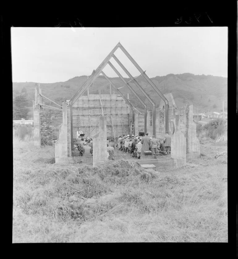 Image: Church service being conducted in an unfinished church in Stokes Valley, Lower Hutt