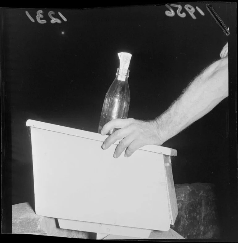 Image: Milk bottle on a letterbox with caption 'money the milkman collects'