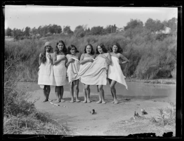 Image: A group of Maori women bathing at the river, Waikato
