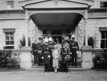 Image: Creator unknown : Photograph of a group at Government House, Auckland, including the Duke and Duchess of York and the Governor General of New Zealand Sir Charles Fergusson