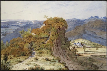 Image: Sharpe, Alfred, 1836?-1908 :View of the rock of Maketū, near Drury, NZ. 1880.